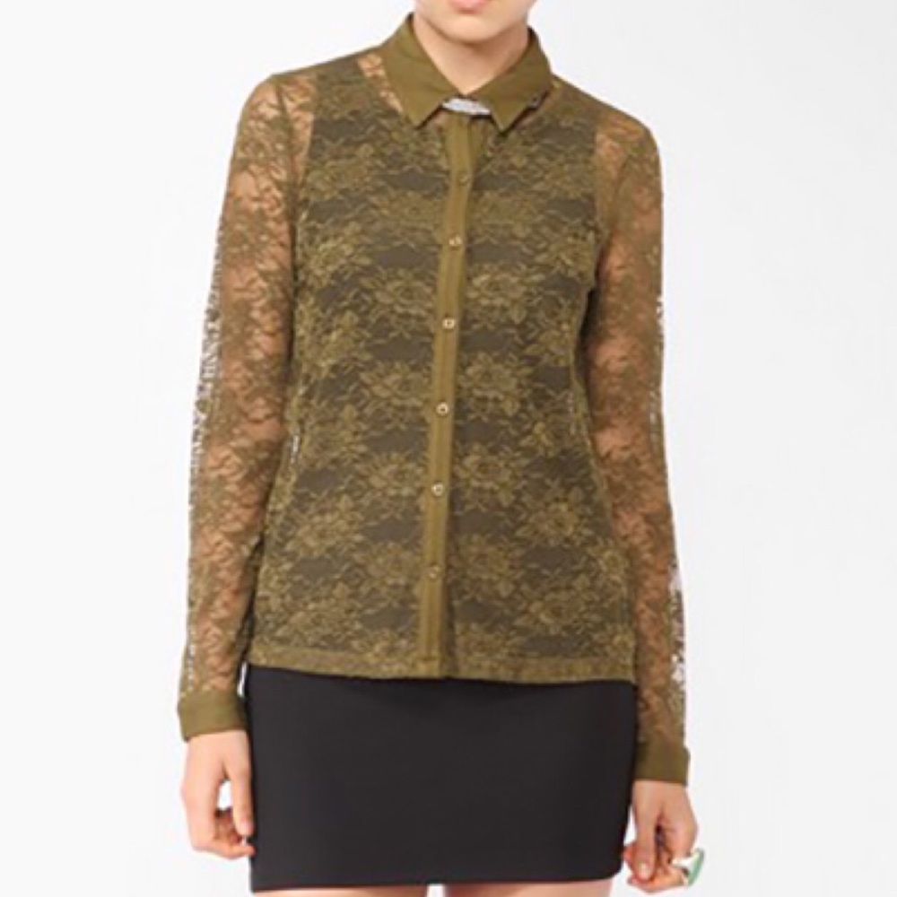 Olive Green Lacey button up top